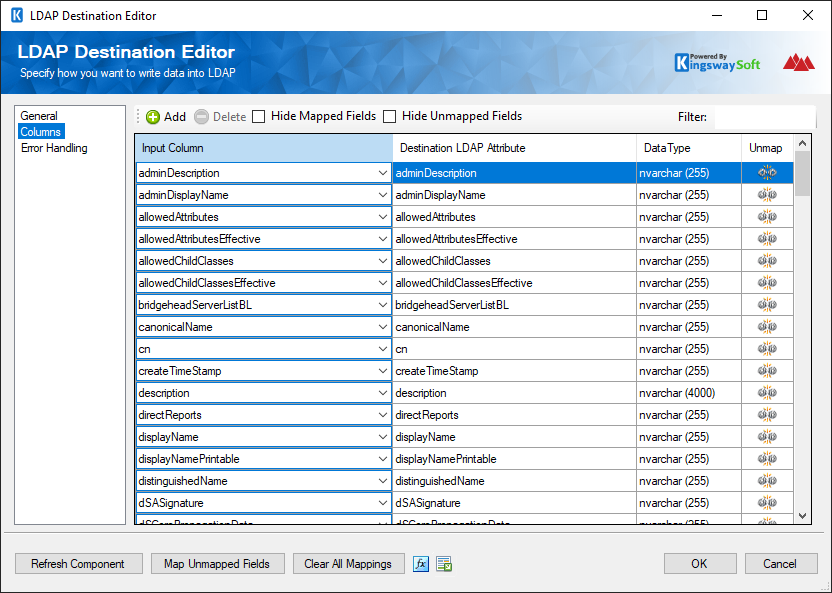 LDAP Destination Component - Columns